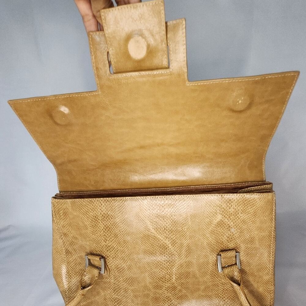 CHARLIE LAPSON Tan Leather Snake Satchel Handbag Purse - Picture 6 of 11